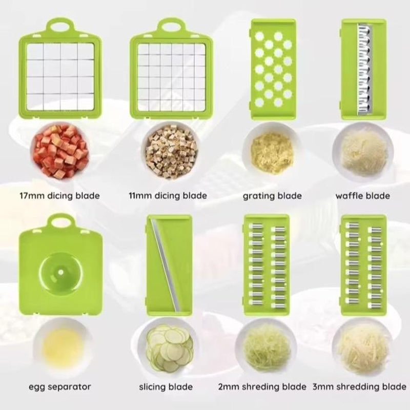 16 in 1 Vegetable Chopper, Food Chopper, Onion and Cheese Slices, Mandoline Slicer N Cheese Grater with 8 Blades, for Kitchen Use Including Dark Grey Container and Strainer