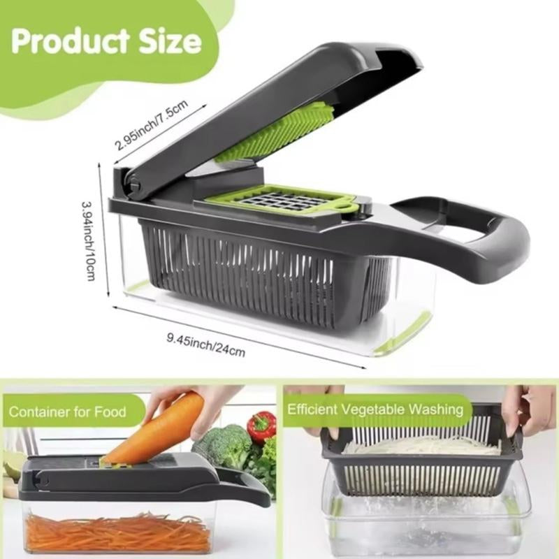 16 in 1 Vegetable Chopper, Food Chopper, Onion and Cheese Slices, Mandoline Slicer N Cheese Grater with 8 Blades, for Kitchen Use Including Dark Grey Container and Strainer