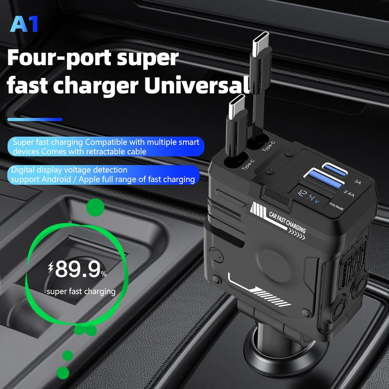JOYTUTUS 66W Hypercharge Car Charger with Telescopic Cord, 4-In-1 Cigarette Lighter Plug for Iphone, Samsung & More - Fast & Flash Charge Automotive