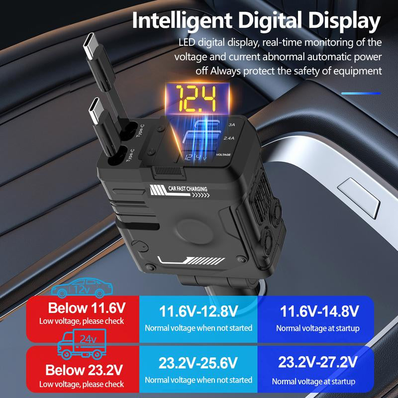 JOYTUTUS 66W Hypercharge Car Charger with Telescopic Cord, 4-In-1 Cigarette Lighter Plug for Iphone, Samsung & More - Fast & Flash Charge Automotive