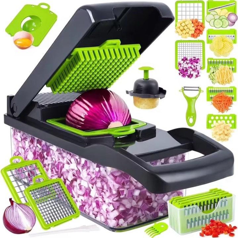 16 in 1 Vegetable Chopper, Food Chopper, Onion and Cheese Slices, Mandoline Slicer N Cheese Grater with 8 Blades, for Kitchen Use Including Dark Grey Container and Strainer