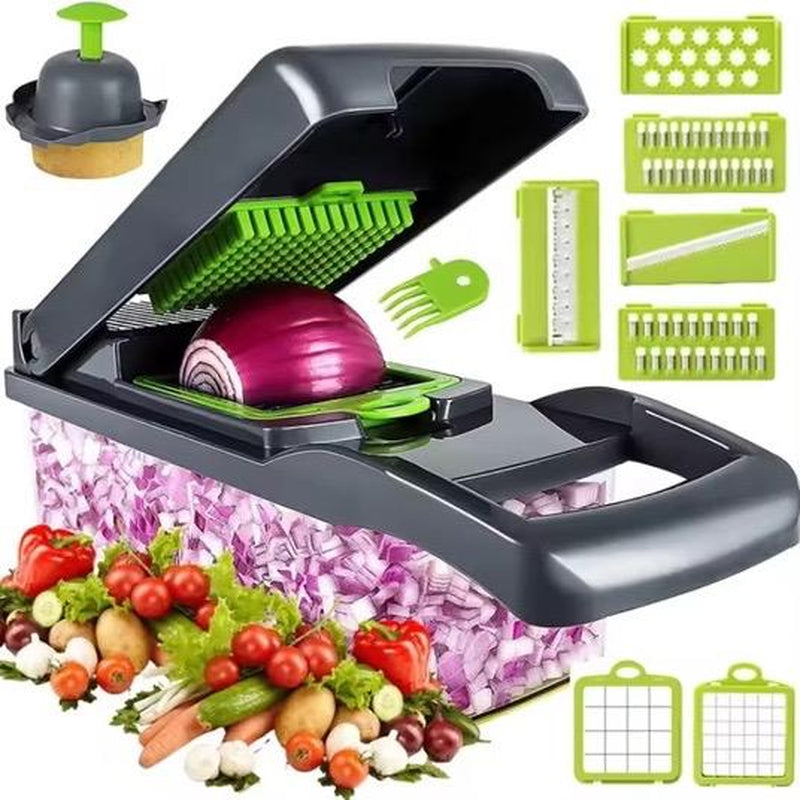 16 in 1 Vegetable Chopper, Food Chopper, Onion and Cheese Slices, Mandoline Slicer N Cheese Grater with 8 Blades, for Kitchen Use Including Dark Grey Container and Strainer