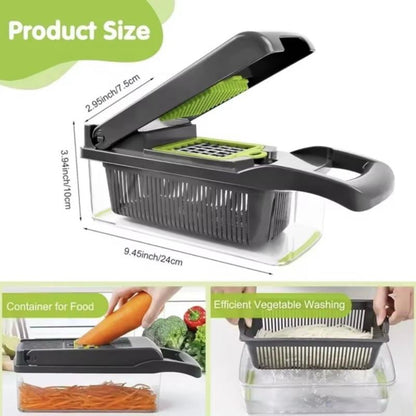 16 in 1 Vegetable Chopper, Food Chopper, Onion and Cheese Slices, Mandoline Slicer N Cheese Grater with 8 Blades, for Kitchen Use Including Dark Grey Container and Strainer