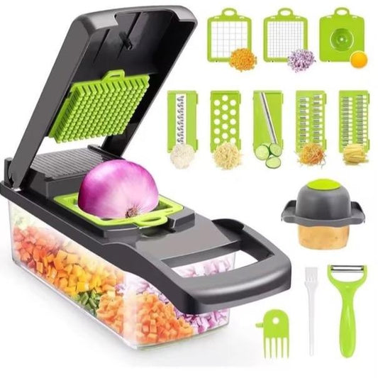 16 in 1 Vegetable Chopper, Food Chopper, Onion and Cheese Slices, Mandoline Slicer N Cheese Grater with 8 Blades, for Kitchen Use Including Dark Grey Container and Strainer
