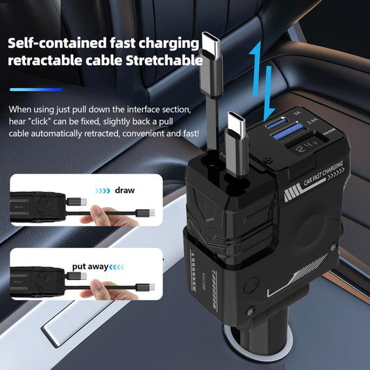 JOYTUTUS 66W Hypercharge Car Charger with Telescopic Cord, 4-In-1 Cigarette Lighter Plug for Iphone, Samsung & More - Fast & Flash Charge Automotive