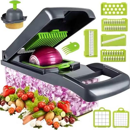 16 in 1 Vegetable Chopper, Food Chopper, Onion and Cheese Slices, Mandoline Slicer N Cheese Grater with 8 Blades, for Kitchen Use Including Dark Grey Container and Strainer